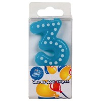 Свеча Цифра 3, Белые точки, Голубой, 4,3 см
