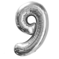 Шар (40''/102 см) Цифра, 9, Серебро, в упаковке 1 шт.